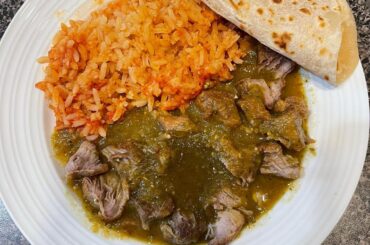 All Homemade: Pork Chili Verde, Spanish Rice and Flour Tortillas.
