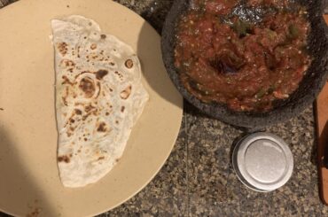 Huitlacoche and Nopales quesadillas w/ Midnight Roma Salsa on a Sinaloa style tortilla
