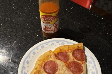 Texas Pete and pepperoni pizza