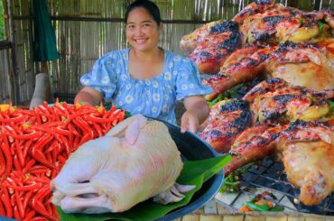 Chicken Grilled Cooking with Salt and pepper Recipe & Eating in Village