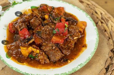 Make this Cozy Greek Beef Stew with Peppers & Mushrooms
