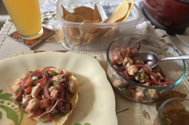 Shrimps ceviche, IPA, and Dodger baseball!