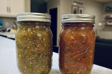 Smoked tomatillo salsa and a restaurant style habanero salsa.
