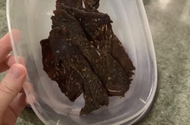 First few pieces of the Carolina Reaper beef jerky my dad made for me