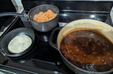 Chili Colorado, Spanish rice, and fresh tortillas