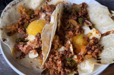 Chorizo, egg, onion, and serranos for breakfast this morning!