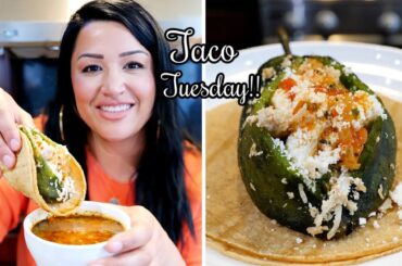 How to make THE BEST Stuffed POBLANO PEPPER TACOs (consome for Dipping ) | Chiles Rellenos recipe