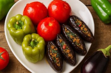 Traditional Azerbaijani Three Sisters Dolma | Stuffed Eggplant, Tomato & Pepper Recipe