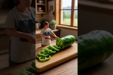 Green Pepper into Rings in Her Cozy Kitchen