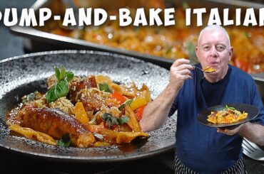 Easiest Italian Sausage & Pepper Bake  - Rich Tomato Basil Sauce!