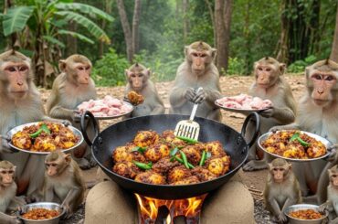 🐒 Monkeys Cooked Chicken Pepper Fry  Jungle Village Style 🌶️🔥