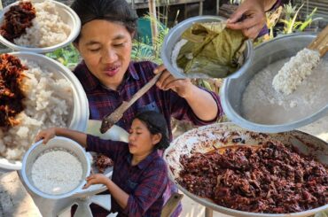 How to Cook Village style Stickyrice with smoked Beef Red chilli chutney 🍚🍖