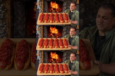 Giant Chili Dogs Cooked Over Open Fire | Wilderness Style Hot Dogs #shorts #giant #village #bbq