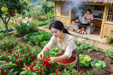 Peaceful Country Life: Gardening, Fresh Chili Pepper Harvest, cooking Traditional Beef Offal Hot Pot