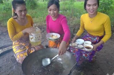 Amazing cooking and eating noodle chili with egg recipe in my big family   Noodle chili recipe