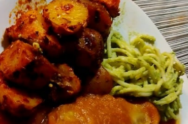 Dinner time. Chile relleno and small potatoes with green spagueti