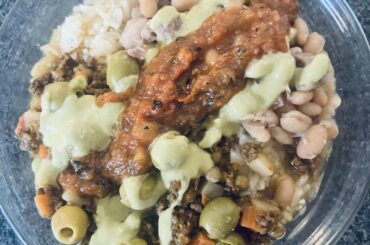 Dinner: picadillo, frijoles, arroz, salsa x 2