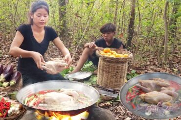 Cooking 2 Whole Chickens with Spicy Chili Recipe in the Forest-Outdoor Cooking & Eating