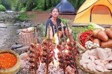 Cooking food in forest - grill chicken wing with hot spicy chili recipe for eating
