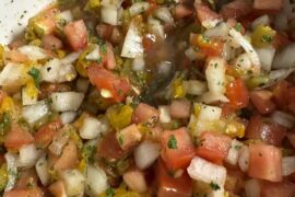 gonna make some fish tacos tomorrow. went ahead and made the salsa tonight. tomatoes, onion, roasted hatch chilies, mandarin oranges, dried cilantro, salt, pepper, blackening seasoning, some juice from the mandarin oranges and some of the liquid from the roasted hatch chilies