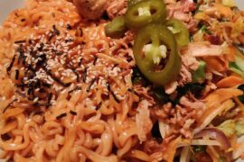 3x Spicy Buldak with stir fried vegetables and popcorn chicken