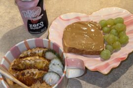 I replaced my Buldak carbonara noodles for Zero-noodles and 3 buldak dumplings + blazin hot pickles and a low carb peanut butter Sandwich