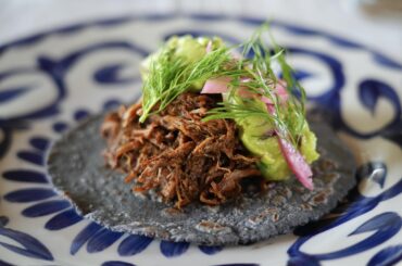 Shredded pork taco with guacamole (in Mexico City)