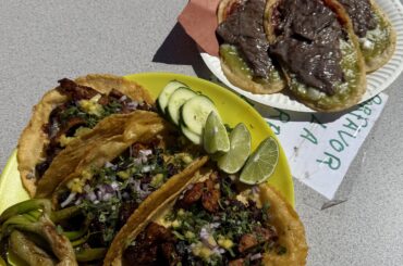 tacos al pastor, handmade tortilla, picaditas with cecina