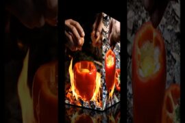 Egg Cooked Inside Red Capsicum 🌶️🍳 | Unique Outdoor Fire Cooking  #egg #slowcooked #shorts #trending