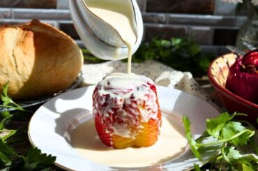 Bulgarian Stuffed Peppers with White Sauce. Traditional Recipe with Beef and Rice