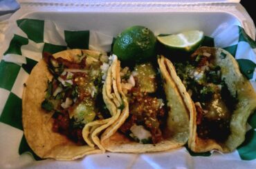 Tacos al pastor with salsa verde