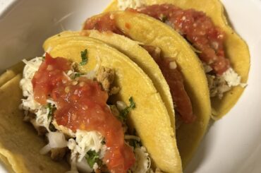 Chicken tacos, spicy salsa