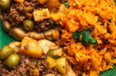 Sopes de picadillo y arroz. Can't remember if mom used olives but I really liked them