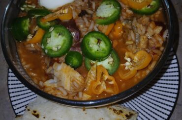 Spicy rice bowl on a stormy day
