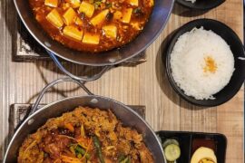 Spicy food for today's breakfast. Mapo Tofu and Fried Egg & Chili Chicken Pot. Then, Milk Tea and Vanilla & Mango Ice Cream as neutralizer