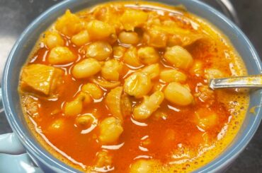 Menudo with homemade corn tortillas and apple jumex.
