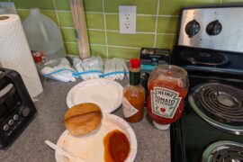 Tabasco ketchup and microwaved bread for dipping.