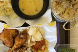 Chili Pepper and Cashew Sauce Fried Chicken, Buttermilk Chicken, Chocolate Milk, and Glutinous Rice with Dried Prawn