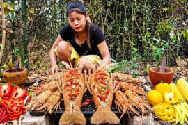 Survival Skills:Grilled Lobster with Extreme Spicy Chili Recipe 🌶️🦞 Cooking & Seafood Mukbang Feast!