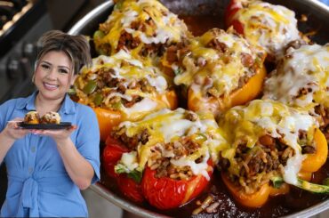 Quick & Easy ENCHILADA STYLE STUFFED PEPPERS | Ground Beef Recipe