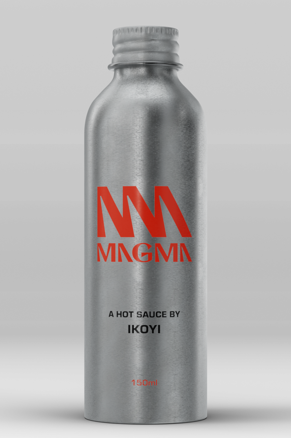 An aluminum bottle of hot sauce, labeled MAGMA in red typeface, and "A Hot Sauce by Iyoki" below