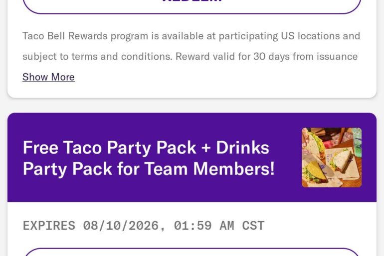 Free Taco Party and Drink Pack for Team Members in App Only!