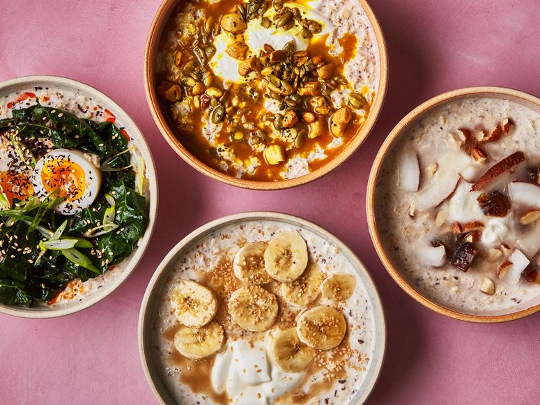 Four servings of overnight oats each with a different topping including bananas and tahini greens and an egg coconut and...