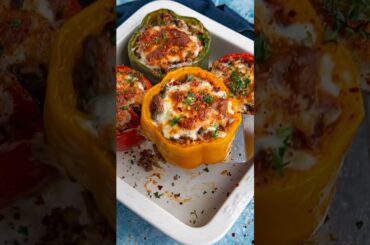 Cheesy Stuffed Bell Peppers | Easy Beef & Rice Stuffed Peppers Recipe