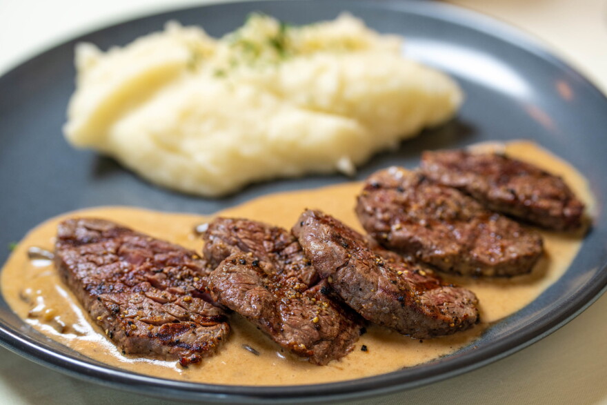 At JJ's restaurant, these steak medallions are served with a peppercorn crust.