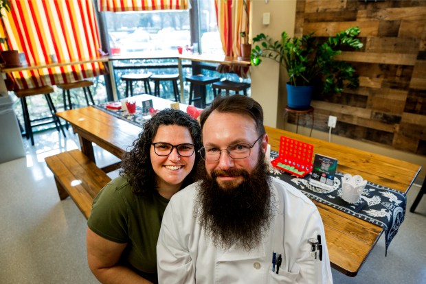 Co-owners Lucinda Olson and husband, Richard Olson at their viking themed restaurant, Viking Cafe, in Chesapeake Wednesday, Feb.4,2026. (Bill Tiernan/For The Virginian-Pilot)