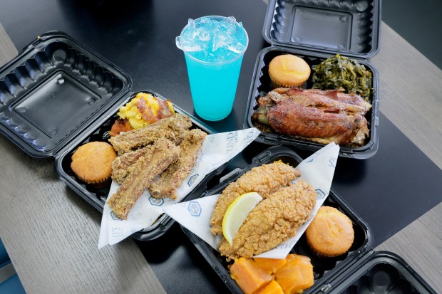 Fried ribs, baked turkey wings and fried catfish from Sunday's Eatery the soul food restaurant of rapper Trick Daddy in Miami Gardens on Wednesday, Aug. 27, 2025. (Mike Stocker/South Florida Sun Sentinel)