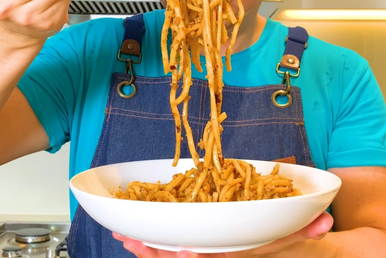 Wok-Tossed Spicy Pork & Onion Thick Noodle Stir-Fry with Sriracha