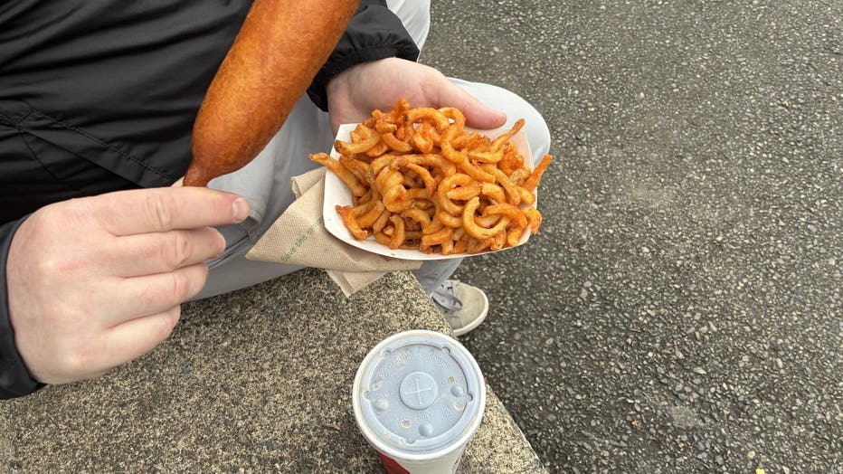 corn dog, fries and soda