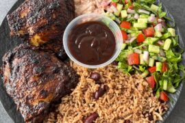 Homemade Jamaican Jerk Chicken, Rice & Peas (Jerk BBQ Sauce, Coleslaw & Salad)